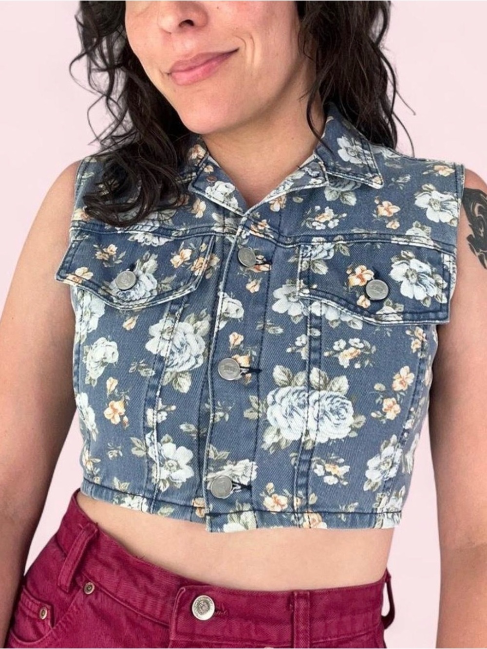 BONGO Blue Floral Cropped Denim Vest